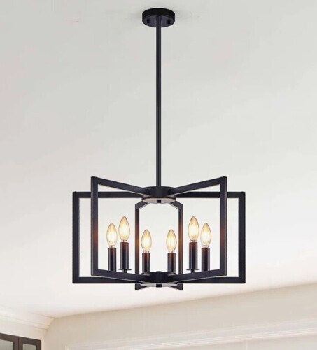 17 Stories 6-Light 21.7'' Square / Rectangle Candle-Style Geometric Chandelier Black for Dining Room, Kitchen or Hallway New Open Box $399
