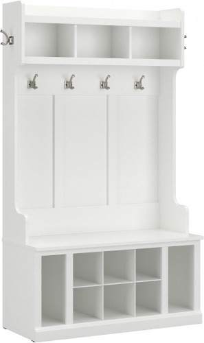 Bush Home Woodland 40W Hall Tree and Shoe Storage Bench with Shelves in White Ash, Cubbies and Coat Hooks (2 Boxes) New in Box $499