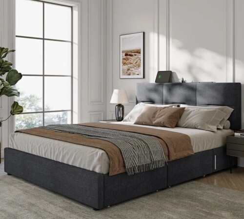 Latitude Run Fehi Upholstered Bed Frame with Headboard, 4 Storage Drawers?Charging Station, Sensor Night Lights New in Box $599