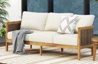 Christopher Knight Home Crowne Outdoor 76.5" Acacia Wood and Wicker 3 Seater Sofa with Cushions, Teak/Beige New $1399