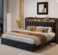 Ivy Bronx Queen Upholstered Platform Bed Frame With Wingback Design Headboard, Charging Station, LED Lights and 2 Storage Drawers New in Box $899