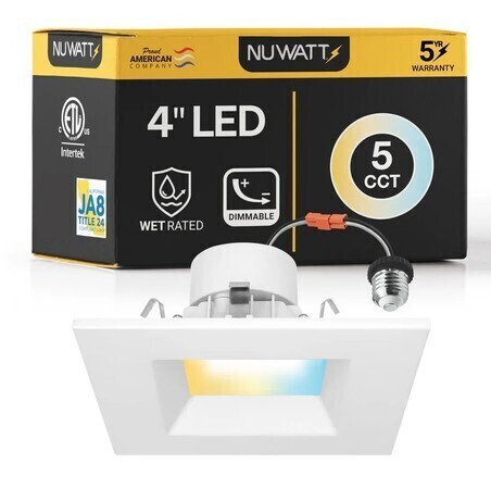 NUWATT 4" Inch Square Recessed Lighting Retrofit Can Lights - Wet Rated - 5CCT 2700K-5000K - 750LM New In Box $79