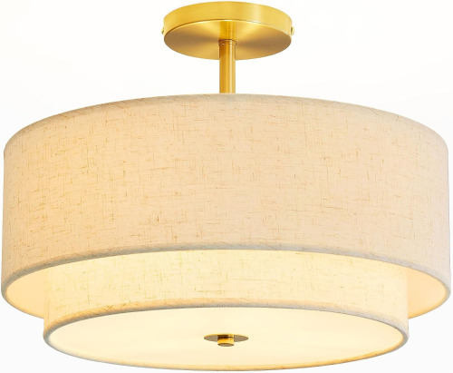 Dgroositon Double Drum 2 Light Semi Flush Mount Ceiling Light, Close to Ceiling Light Fixture with Fabric Linen Shade, Gold Brass, for Living Room, Bedroom, Dining Room,Hallway and Entryway Similar to Picture New In Box $199