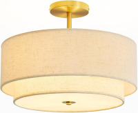 Dgroositon Double Drum 2 Light Semi Flush Mount Ceiling Light, Close to Ceiling Light Fixture with Fabric Linen Shade, Gold Brass, for Living Room, Bedroom, Dining Room,Hallway and Entryway Similar to Picture New In Box $199