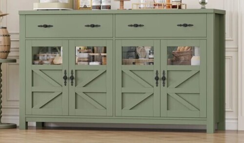 Laurel Foundry Modern Farmhouse Almus 55'' Sideboard with 4 Glass Doors, 2 Large Drawers and Adjustable Shelves in Green New in Box $799