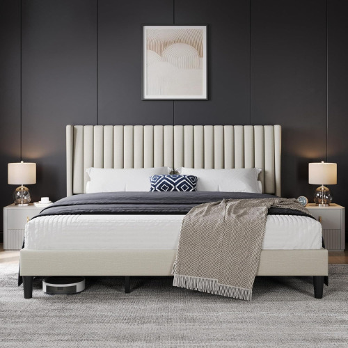 LAtitude Run King Bed Frame with Headboard,Ivory Channel-Tufted Platform | Sturdy wood frame with upholstered linen blend fabric provides silent support, easy assembly, and 6" under-bed storage. New in Box $599