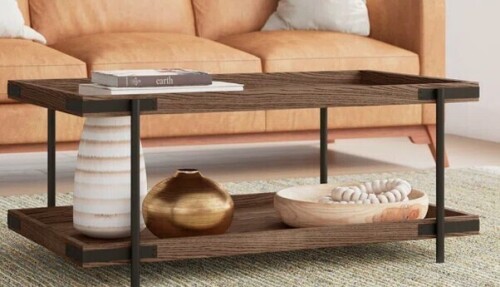 Trent Austin Designs Nikole 42" Wide Industrial Rustic Solid Wood Metal Rectangular Coffee Table With 1 Shelf. New in Box $599