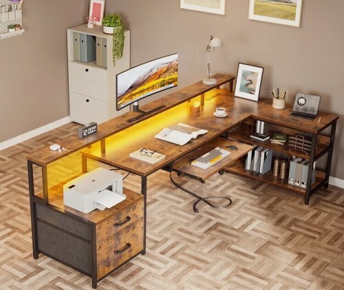 17 Stories Sholpan LED L-Shaped Desk with Cabinet with Power Outlets New in Box $399