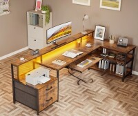 17 Stories Sholpan LED L-Shaped Desk with Cabinet with Power Outlets New in Box $399