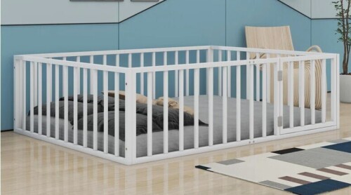 Harriet Bee Full Size Metal Floor Bed Frame With Fence And Door in White New in Box $499