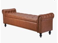 Alcott Hill Button-Tufted Storage Ottoman Bench Rolled Arm PU Leather Wood Legs New in Box $399