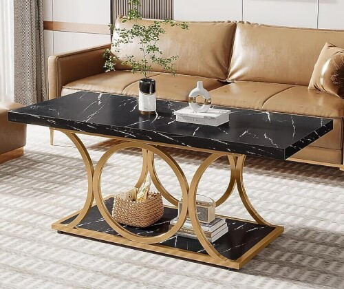 Tribesigns Rectangle Coffee Table 47.24 inches Modern Coffee Tables for Living Room 2 Tiers Faux Marble Wood Coffee Table with Geometric Metal Legs Furniture with Storage Shelf Black and Gold New in Box $399