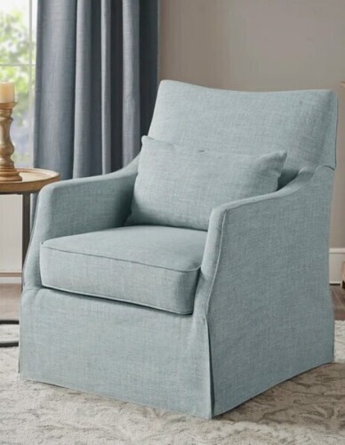 Martha Stewart Bedford London Upholstered Skirted Swivel Armchair with Lumbar Pillow in Light Blue New in Box $799