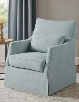 Martha Stewart Bedford London Upholstered Skirted Swivel Armchair with Lumbar Pillow in Light Blue New in Box $799