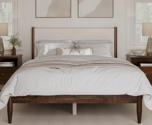 Wade Logan Ben Solid Wood Boucle Upholstered Headboard Bed Frame Queen Bed in Cream/Walnut New in Box $1199