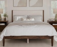 Wade Logan Ben Solid Wood Boucle Upholstered Headboard Bed Frame Queen Bed in Cream/Walnut New in Box $1199