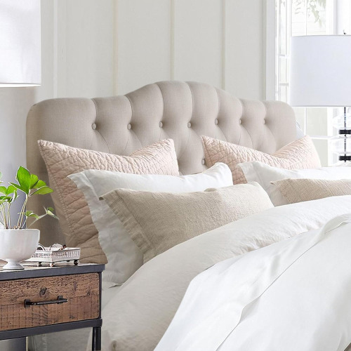 Rosevera Givanna Adjustable Height Headboard with Linen Upholstery and Button Tufting for Bedroom, Queen, Beige Linen New In Box $399