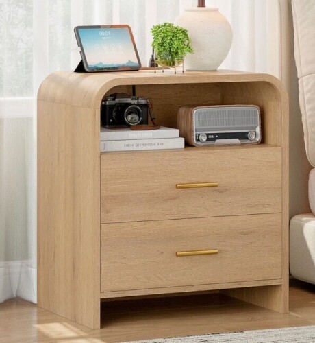 Latitude Run&reg; Oak Night Stand With 2 Drawers, Modern Bedside Table With Charging Station, 23.6'' Wide Wood End Table For Bedroom, Curved Profile Design New In Box $299