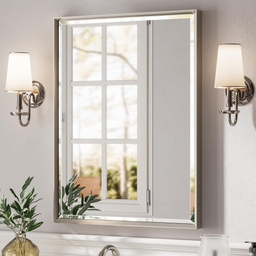 QueenFun 24x32 Inch Beveled Framed Bathroom Mirror Anti-Rust, Brushed Nickel Metal Frame Bathroom Vanity Mirror for Wall, Vertical/Horizontal Wall-Mounted Mirror New in Box $199