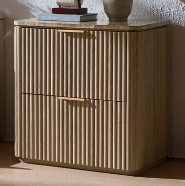 Latitude Run Nightstand 3-Sided Fluted Wood Bedside Table with 2 Drawers and Faux Marble Top New Open Box $399