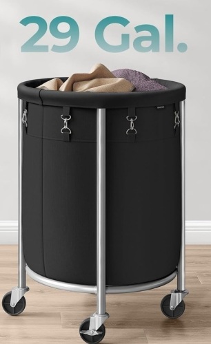 SONGMICS Laundry Basket, Rolling Steel Frame with 2 Locking Wheels, 110 L | Heavy-Duty Laundry Hamper Cart with Removable Bag, Ink Black and Metallic Silver, New In Box $79