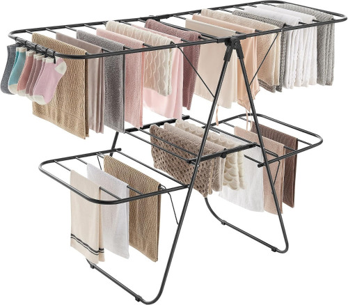 SONGMICS Clothes Drying Rack, Foldable 2-Level Laundry Drying Rack, Free-Standing Laundry Airer, with Height-Adjustable Wings, 33 Drying Rails, Sock Clips, Black New In Box $99