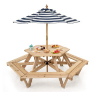 Costway Kids Hexagonal Picnic Table with Removable Adjustable Umbrella for Deck Patio Natural New in Box $299
