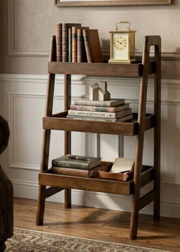 August Grove&reg; Solid Wood 3-Tier Ladder Shelf, Freestanding Open Storage Bookshelf for Living Room Bedroom Study Home Office, Space Saving, Walnut New In Box $299