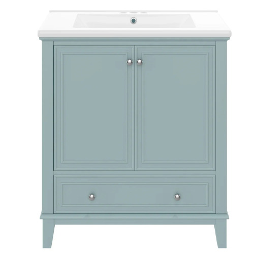 Ebern Designs 30" Bathroom Vanity With Center Undermount Sink, Multi Functional Storage Cabinet, Solid Wood And , Painted Finish Freestanding Rectangular Shape, Rubber Silver Round Handles, New in Box $699