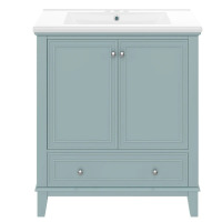 Ebern Designs 30" Bathroom Vanity With Center Undermount Sink, Multi Functional Storage Cabinet, Solid Wood And , Painted Finish Freestanding Rectangular Shape, Rubber Silver Round Handles, New in Box $699