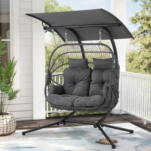 Arlmont & Co. Valoris 2 Person Egg Chair with Canopy, Porch Swing with Stand and Cushion, Gray, New Open Box $799