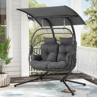 Arlmont & Co. Valoris 2 Person Egg Chair with Canopy, Porch Swing with Stand and Cushion, Gray, New Open Box $799