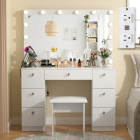 Latitude Run Greyden Makeup Vanity with Large Lighted Mirror, 7 Drawers and Outlets, Stool Included, for Bedroom, White, New in Box $499