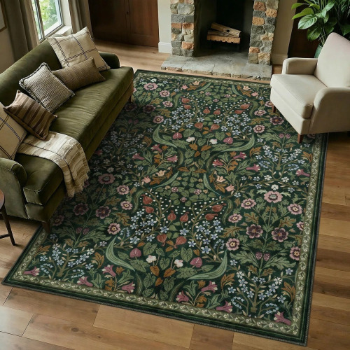 Winston Porter Kaldi Floral Washable 8' x 10' Rectangular Area Rug &ndash; Intricate Nature-Inspired Design, Non-Slip Soft Floor Mat, New $399
