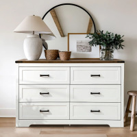 Millwood Pines Emryss 6-Drawer Dresser 54"W Double Dresser With Rustic Top Panel, White, New in Box $699