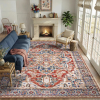 Bungalow Rose 8' x 10' Rectangular Area Rug Oriental Inspired Vintage Machine Washable, with Non-Slip Backing for High Traffic Area, Red, New $399