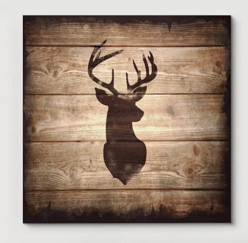 IDEA4WALL "Square Deer With Antler On Wood Board Texture Background Giclee" Canvas, 24" x 24" New In Box $99