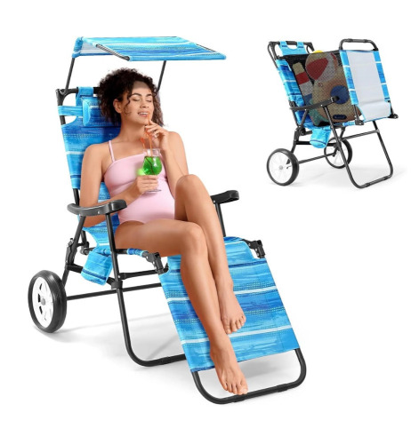 ABORON Beach Chair with Canopy Shade Beach Cart Chair w/ Wheel 2 in 1 Folding Lounge Chair Outdoor Recliner Patio Lounge Chair New In Box $199
