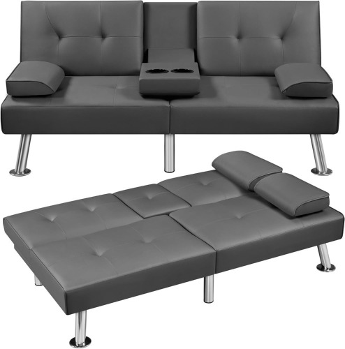 Yaheetech Convertible Futon Sofa Bed Loveseat with Cup Holder, Gray | 3 Angles Sofa, Recliner Chair, Bed, Compact Faux Leather Love Seat New in Box $699