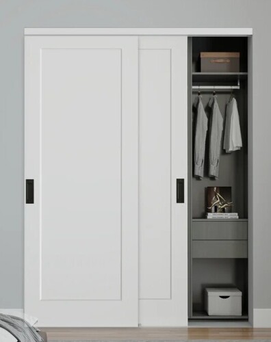 Jubest 60"X80" Flat 1-Panel Smooth White Primed Molded Sliding Closet Doors With Installation Hardware Kit and Matte Black Flush Pull in Box $399