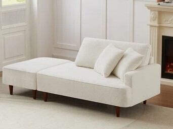 English Elm Indoor Boucle Chaise Lounge with Detachable Ottoman Convertible Daybed Bedroom Reading Nook, Beige, New in Box $599