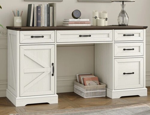 August Grove Deanjelo 57" Farmhouse Computer Desk with Outlet and 5 Drawers&Filing Cabinet,Large Storage Cabinet for Home Office,Off White/Rustic Brown New in Box $599