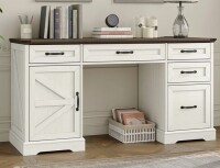 August Grove Deanjelo 57" Farmhouse Computer Desk with Outlet and 5 Drawers&Filing Cabinet,Large Storage Cabinet for Home Office,Off White/Rustic Brown New in Box $599
