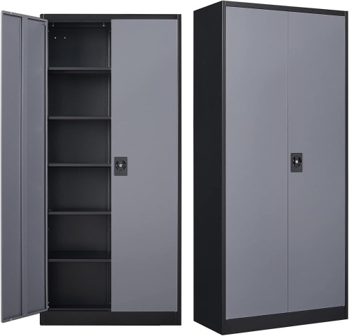MIIIKO Metal Storage Cabinet with Locking Doors, Black Garage Lockable Steel Cabinets with 4 Doors and 5 Shelves New in box $299
