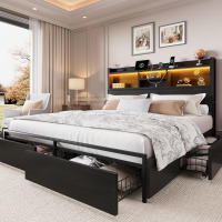 LARMACE Queen Size Bed Frame with 6 Storage Drawers and Headboard Wooden Platform Bed Frame with LED Lights and Charging Station Easy Assembly/No Box Spring Needed/Black New Shelf Pull $599