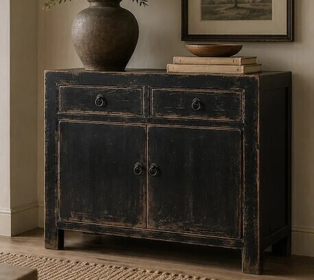 Lily's Living Two Drawers Cabient Distressed Black 39x18x35H in Black New in Box $2499