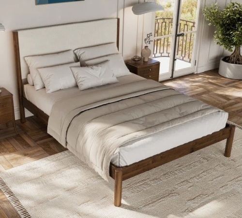 Ebern Designs Ardin Solid Wood Bed Frame With Cream Boucle Upholstered Headboard Full Size in Walnut New in Box $1099