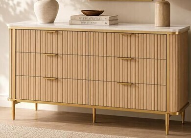 OneBlis 55.1" W 6 Drawer Dresser Modern Fluted Wood Dresser with Marble-Look Top and Gold Accents, Double Chest of Drawers Storage Cabinet for Closet, Living Room, Entryway, Natural Oak in Box $499