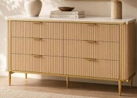 OneBlis 55.1" W 6 Drawer Dresser Modern Fluted Wood Dresser with Marble-Look Top and Gold Accents, Double Chest of Drawers Storage Cabinet for Closet, Living Room, Entryway, Natural Oak in Box $499