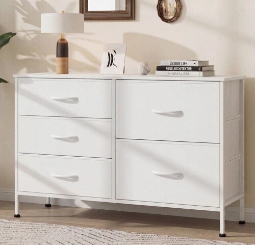 Ebern Designs Chaseburg 5-Drawer Dresser With Wooden, 39.4'' White Dresser With Steel Frame, Wide Chest of Drawer For Hallway, Bedroom Dresser New In Box $299